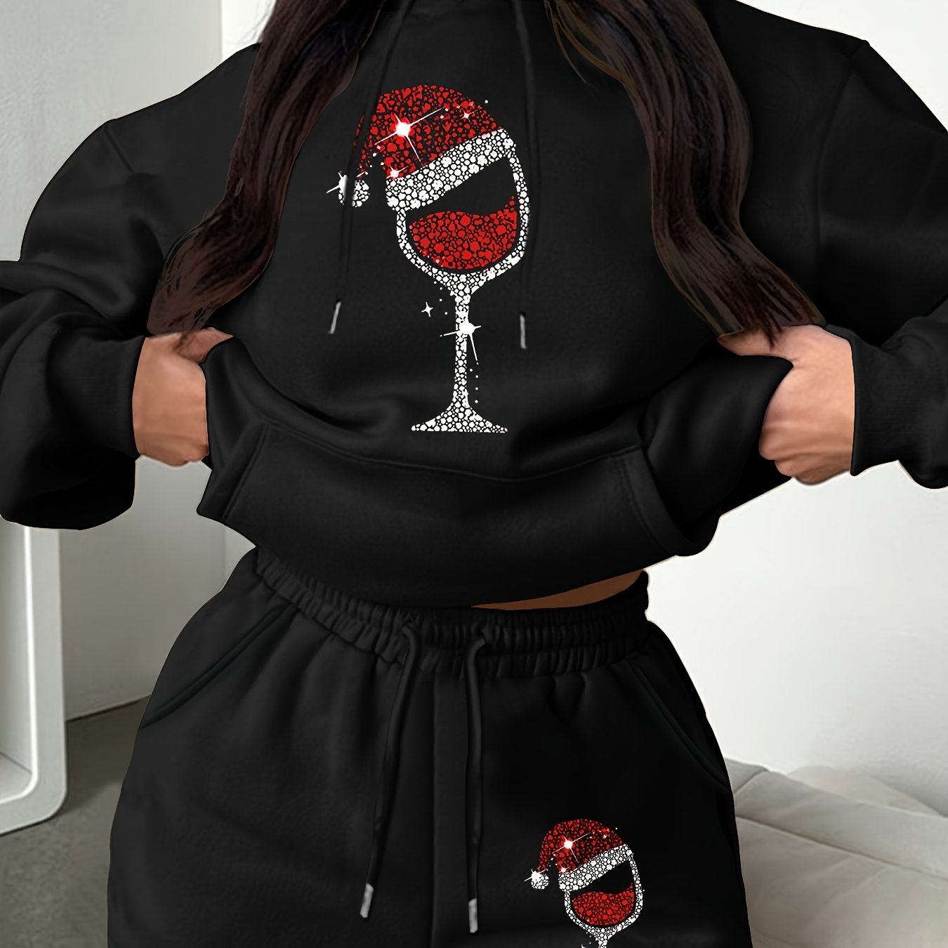 Women's Plus Size Christmas Hoodie & Shorts Outfit Set