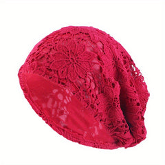 Lace Beanie Double Layer Flower Slouchy Baggy Hat for Women