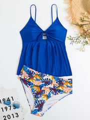Colorblock Tropical Print Cut Out Bikini Set Women's Plus