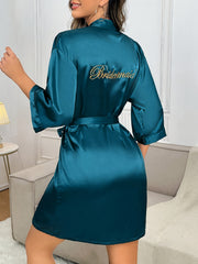 Letter Embroidery Night Robe V-Neck with Belt Women's Sleepwear