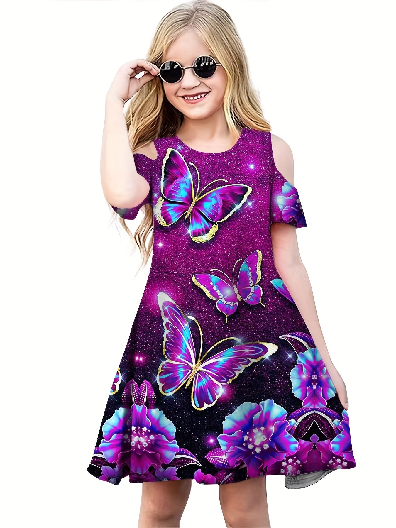 Sequin Butterfly Cold Shoulder Dress for Girls