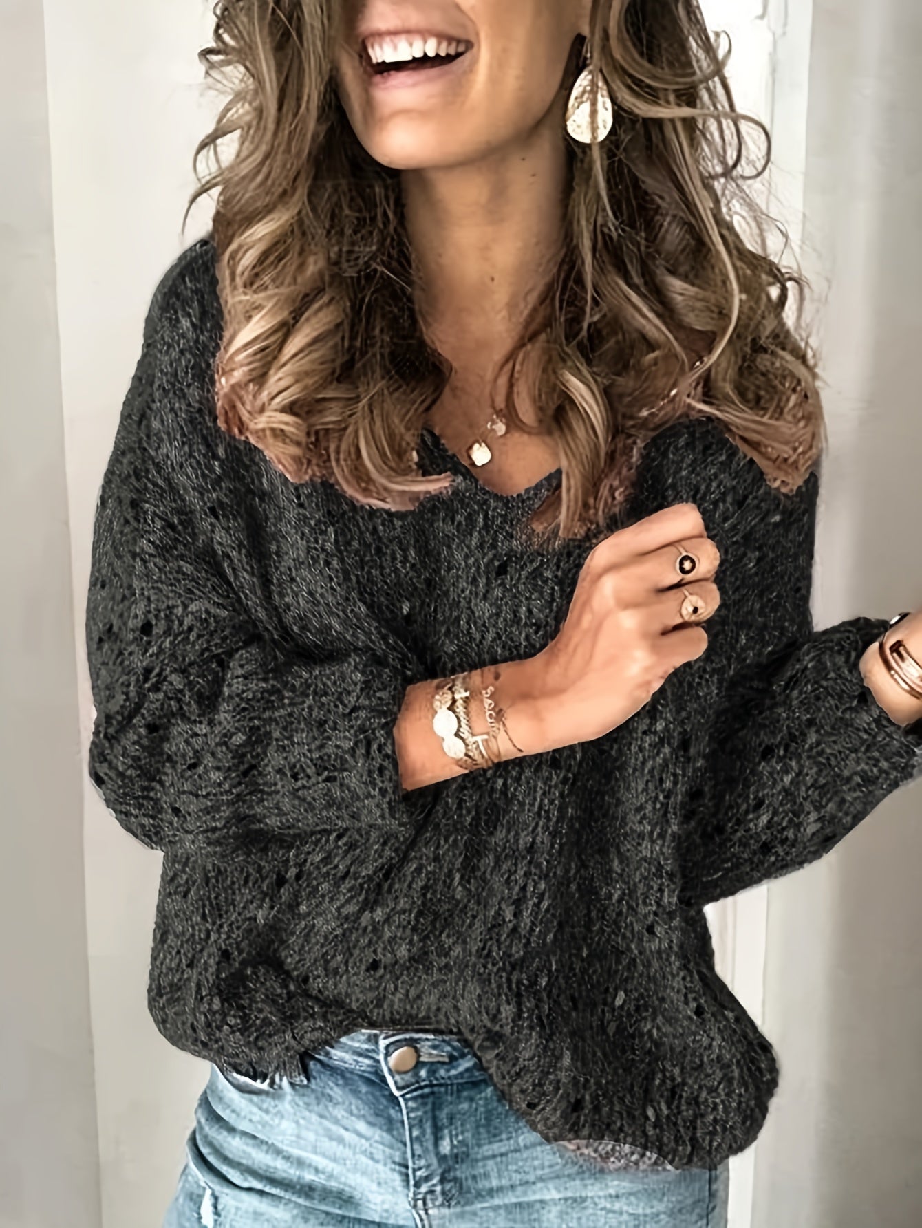 Casual Sweater Women's Plus Solid V Neck Pullover Jumper
