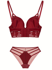 Solid Push Up Bra & Cut Out Panties Lingerie Set