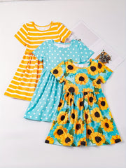 Toddler Girls Sunflower Polka Dot Stripes Dress Set