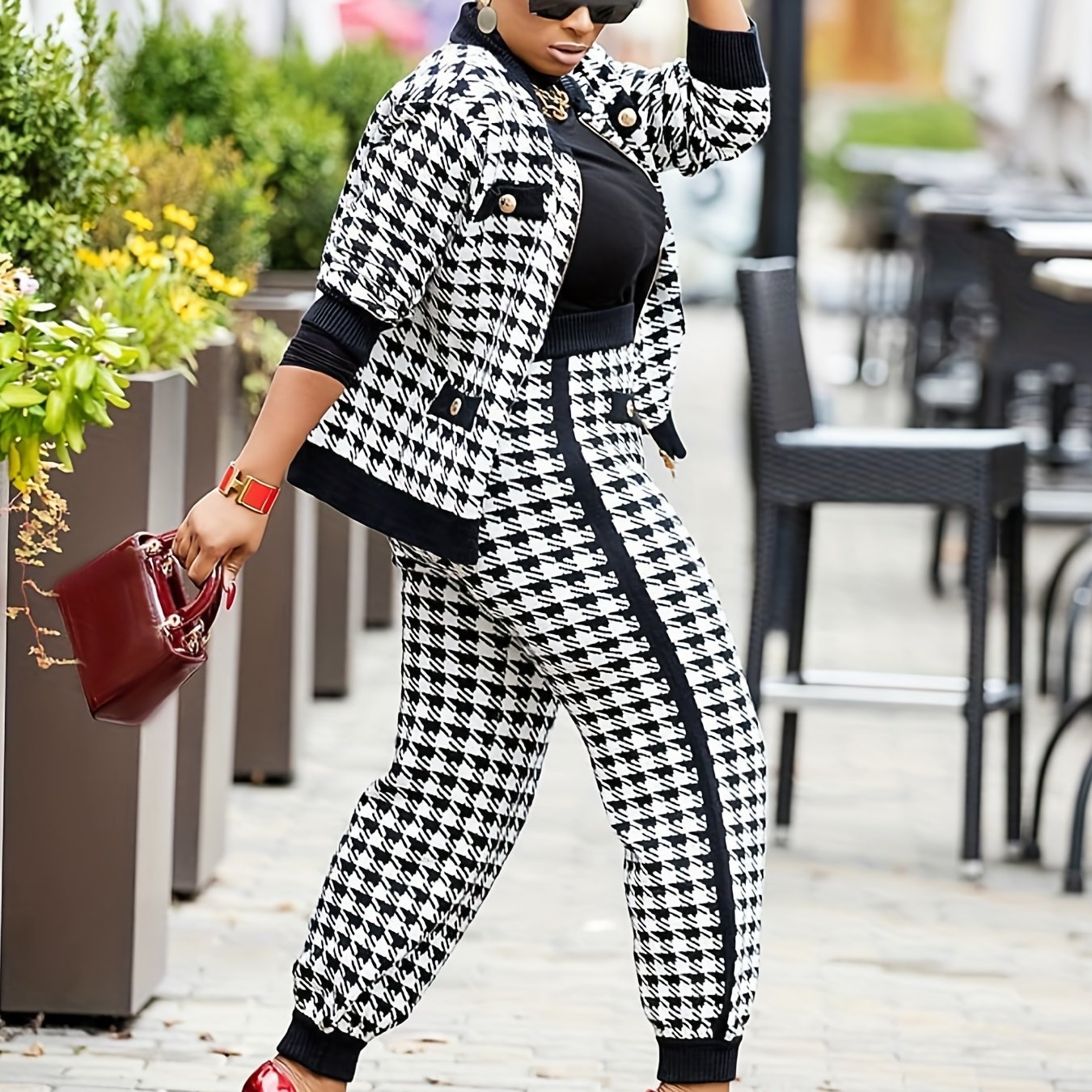 Plaid Button Two piece Set Contrast Trim Jacket & Casual Pants Outfits
