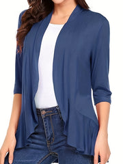 Solid 3/4 Sleeve Open Front Ruffle Trim Cardigan