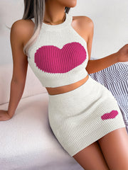 Heart Pattern Knitted Two piece Set Sleeveless Crop Top & Bodycon Skirt