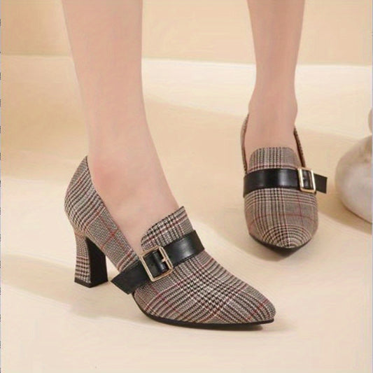 Women's Plaid Court Pumps Buckle Strap High Heels