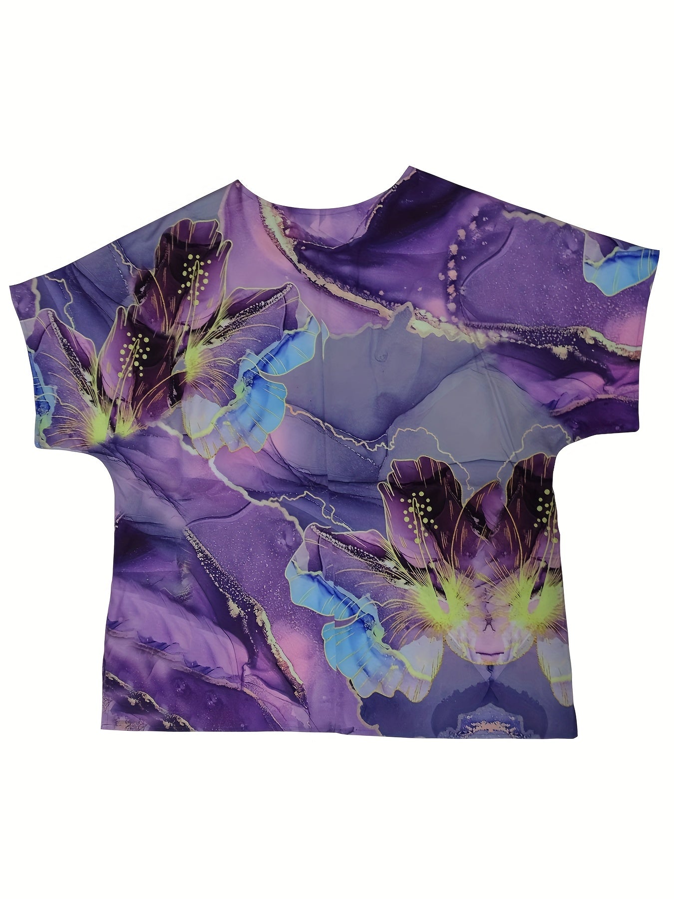 Boho Blouse Women's Plus Marble & Floral Print Drop Shoulder Short Sle
