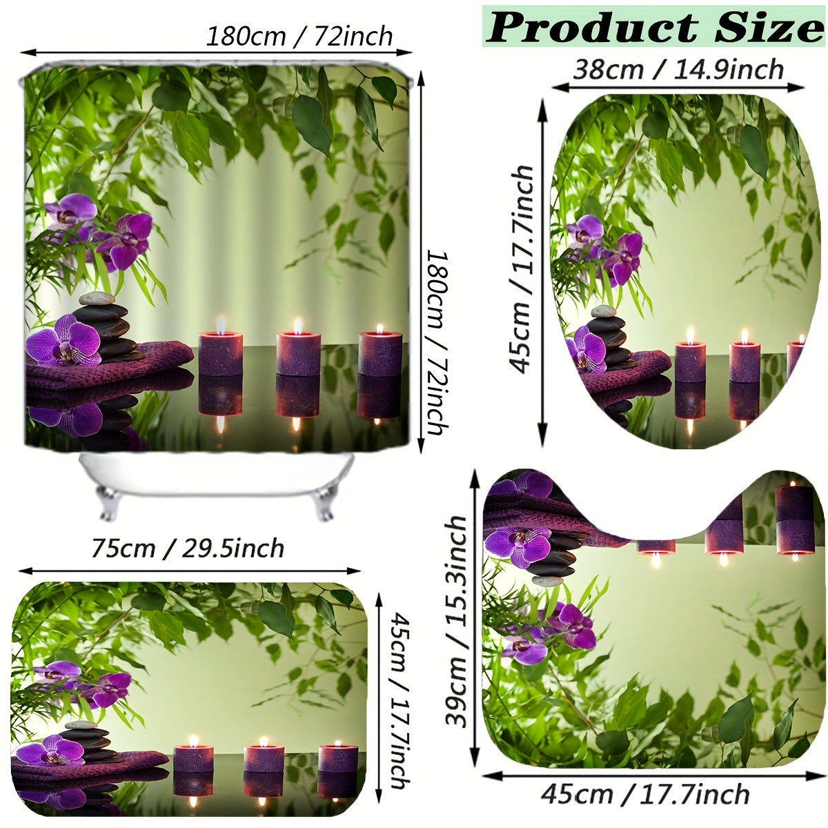 4pc Printed Bathroom Set Waterproof Shower Curtain & Rug