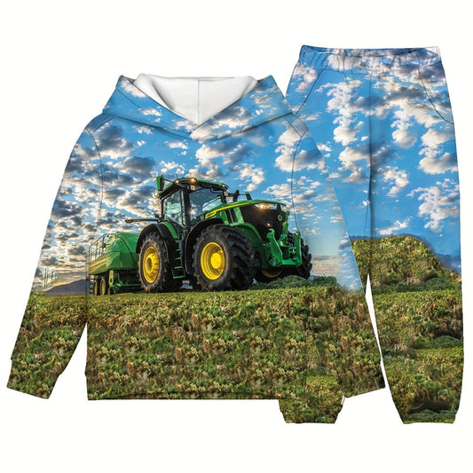 Boy's 3D Green Tractor Hoodie & Pants Set For Fall Winter