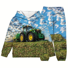 Boy's 3D Green Tractor Hoodie & Pants Set For Fall Winter