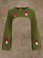 Mushroom Pattern Crew Neck Sweater Casual Long Sleeve Crop Sweater