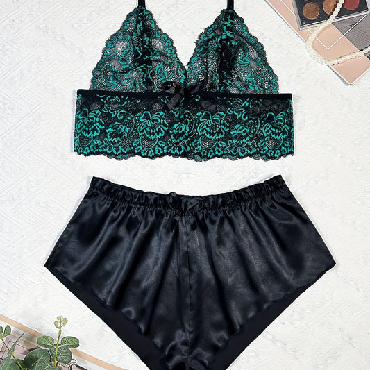 Floral Lace Lingerie Set V Neck Cami Top & Satin Shorts