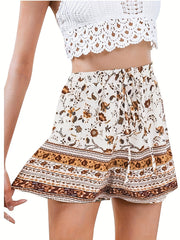 Boho Shorts Retro Floral Stripe Print With Pockets