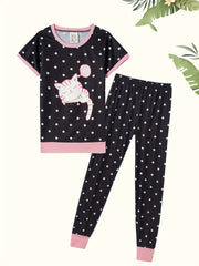 Kid's Polka Dot Pajama Set with Cartoon Cat Print - Cute Loungewear