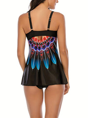Modest Tankini Set Women's Plus Digital Print V Neck Cami Top & Bottom