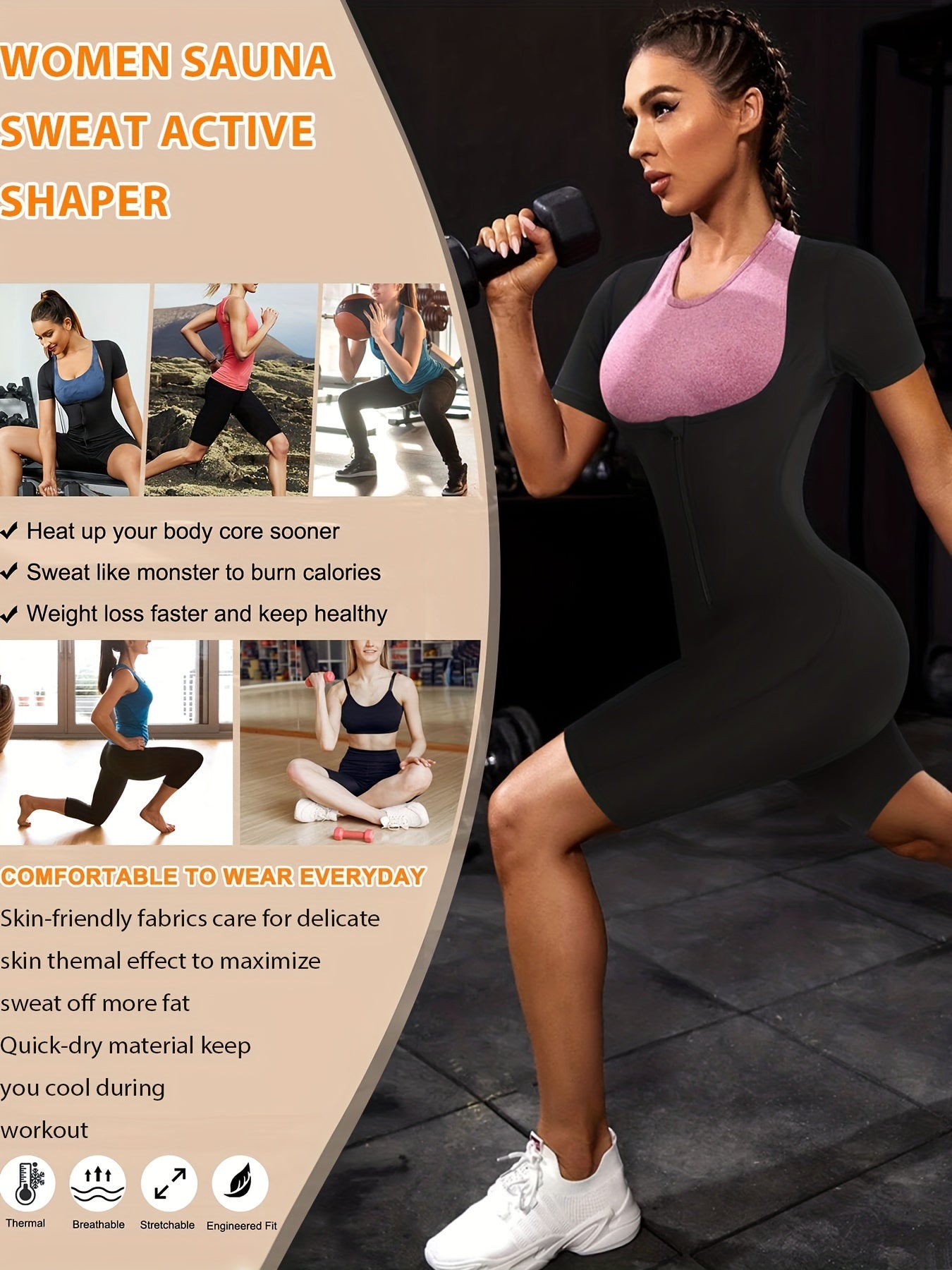 Solid Zipper Shaping Romper Tummy Control Butt Lifting Short Sleeve Body Shaper