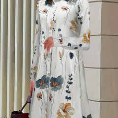 Floral Print Polo Collar Button Dress Casual Long Sleeve Dress