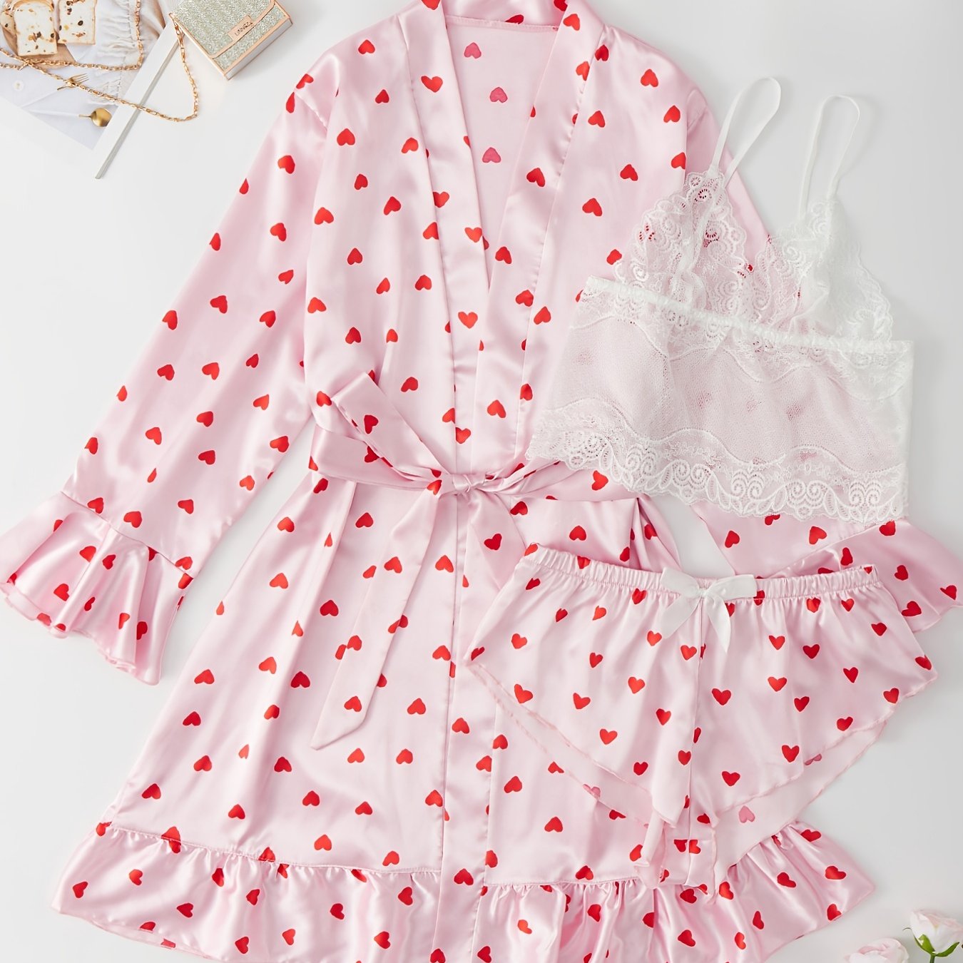 4 Pcs Heart Print Nightgown Pajamas Ruffled Long Sleeve Set