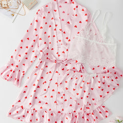 4 Pcs Heart Print Nightgown Pajamas Ruffled Long Sleeve Set