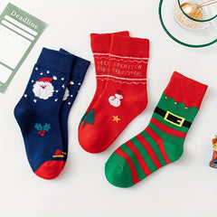 3 Pairs Kids Christmas Socks, Red Cartoon Sleeves, Thick Fleece Warm Socks