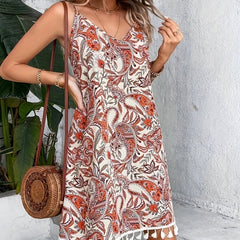 Paisley Print Tassel Dress Boho Spaghetti Strap Sleeveless Dress