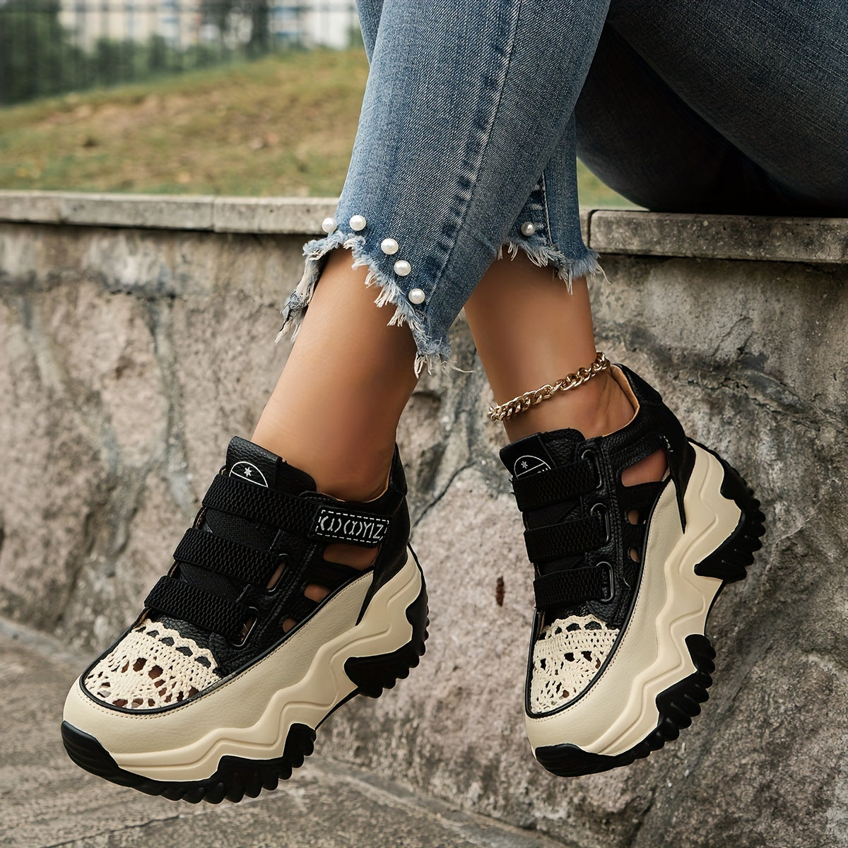 Women's Cutout Platform Sneakers Casual Hook & Loop Shoes