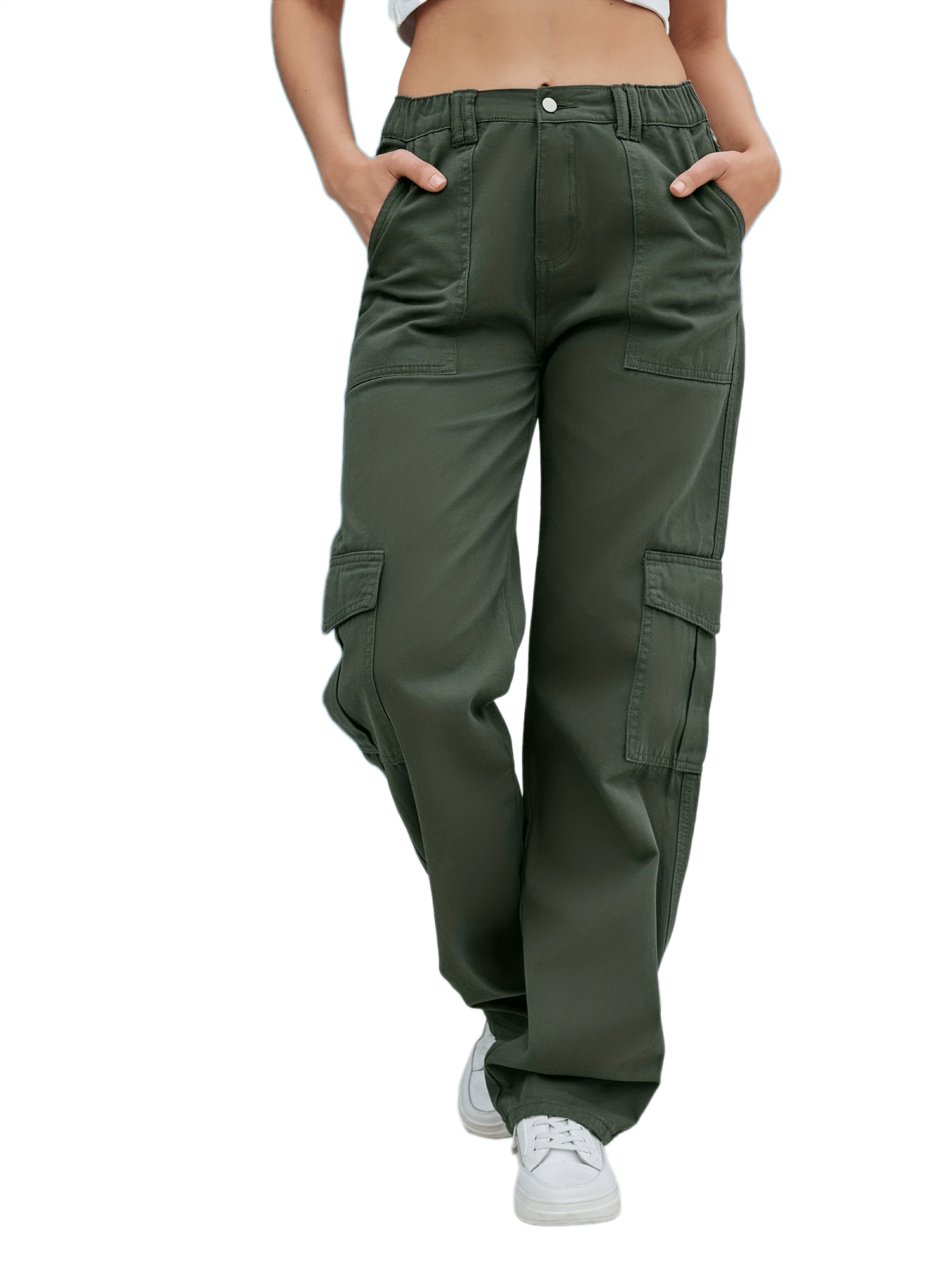 High Waist Cargo Pants Loose Fit Pockets Non Stretch Straight Jeans