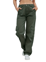 High Waist Cargo Pants Loose Fit Pockets Non Stretch Straight Jeans