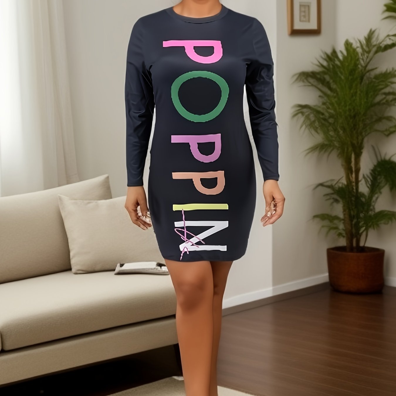 Casual Dress Women's Plus Letter Print Long Sleeve Round Neck Mini Dre