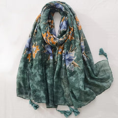 Dark Green Flower Scarf Vintage Ink Tie Dye Tassel Shawl 31 50'