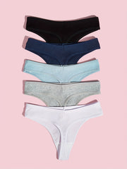 5pcs Solid Ribbed Thongs Comfy Stretchy Intimates Panties Women's Lingerie