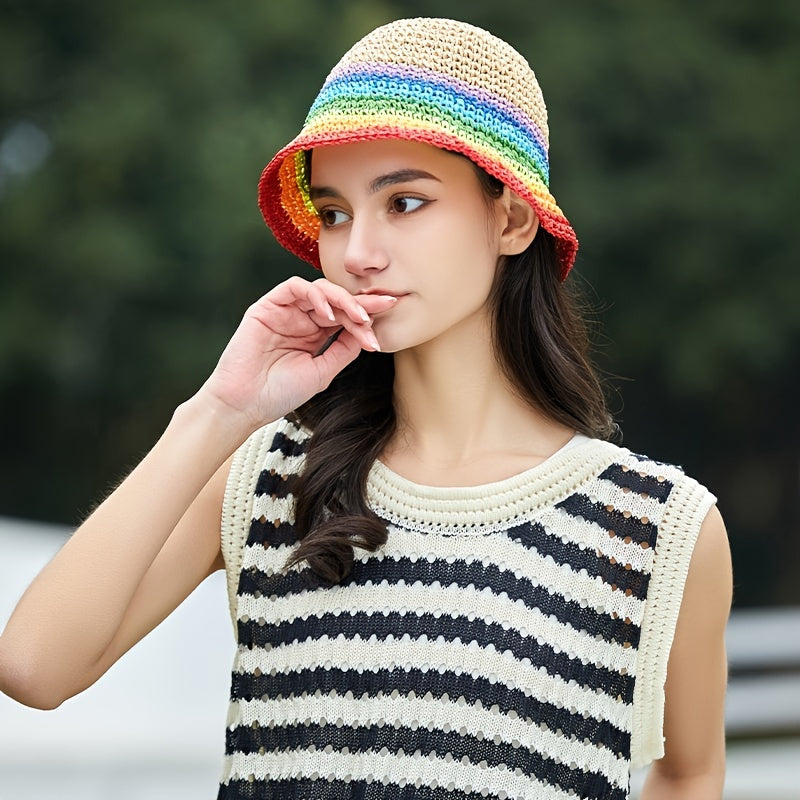 Rainbow Gradient Khaki Bucket Hat Short Brim Straw Fisherman Cap