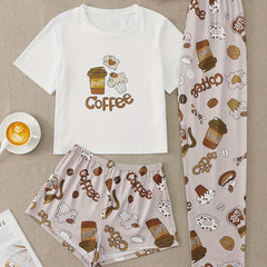 Casual Pajamas Set Women's Letter Print Tee & Coffee Shorts