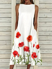 Floral Print Sleeveless Dress Casual Summer Midi Dress With Pockets