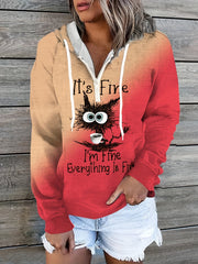 Cat Print Zip Hoodie Long Sleeve Hoodie