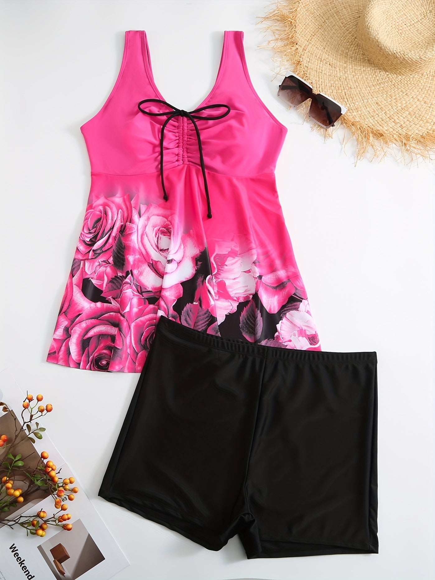 Rose Print Tankini Set Women's Plus Swimsuits Two Piece Set