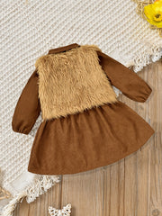Toddler Baby Girl Dress Corduroy Button Down Faux Fur Vest Outfit Set