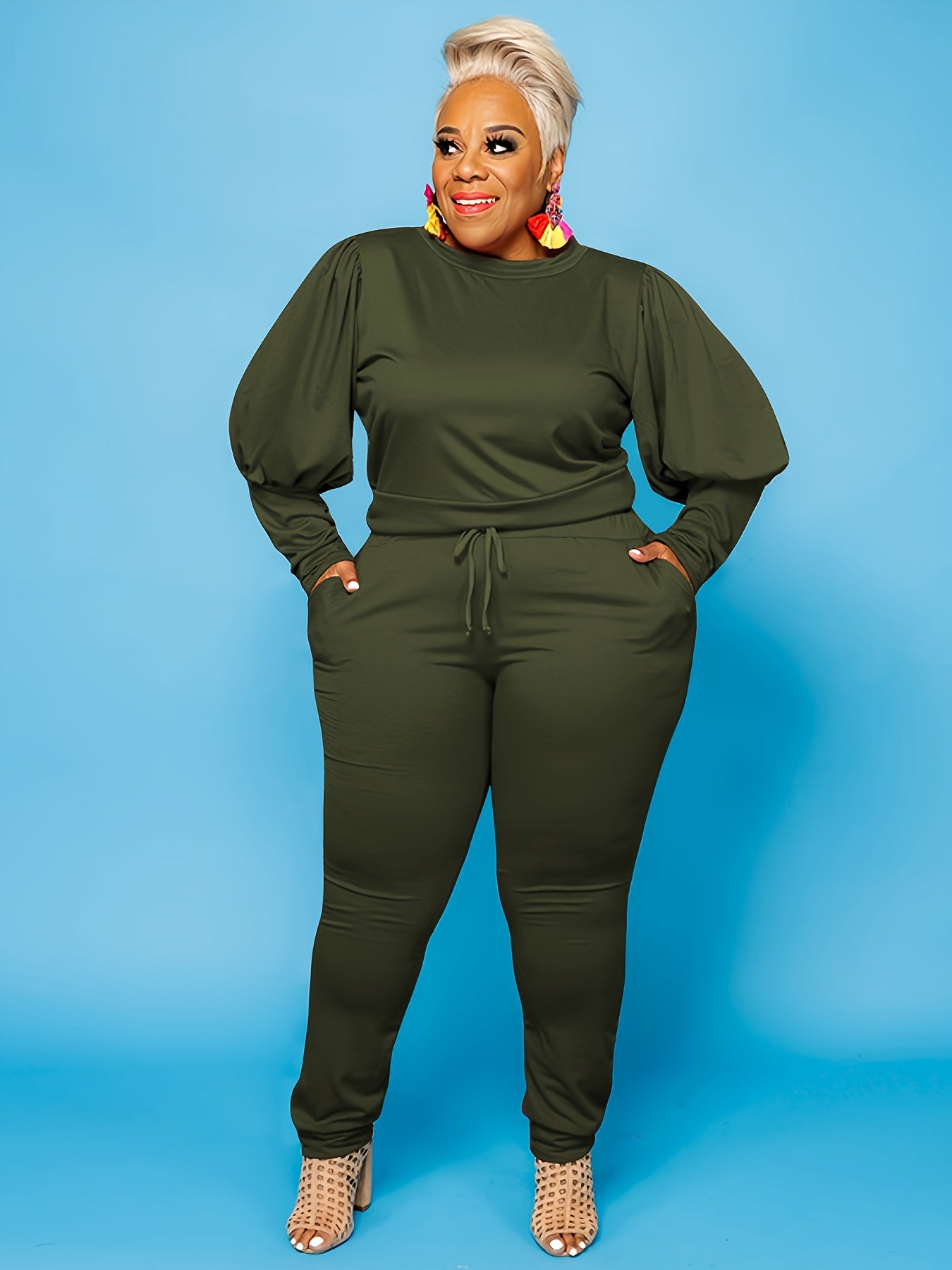 Lantern Sleeve Sweatshirt & Sweatpants Set Women's Plus