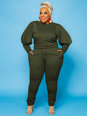 Lantern Sleeve Sweatshirt & Sweatpants Set Women's Plus