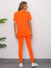 2pcs Casual Sports Suits Short Sleeve Crew Neck T shirts & Leggings Sets