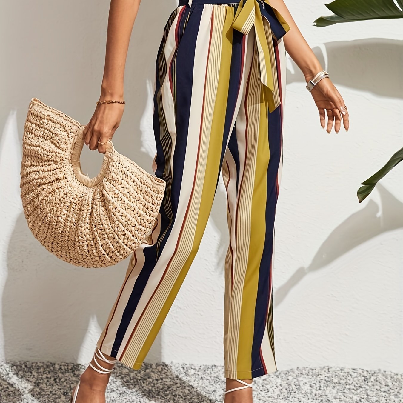 High Waist Belted Printed Casual Pants