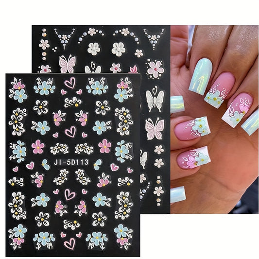 5D Pink Petals Butterfly Nail Stickers French Line Acrylic Spring