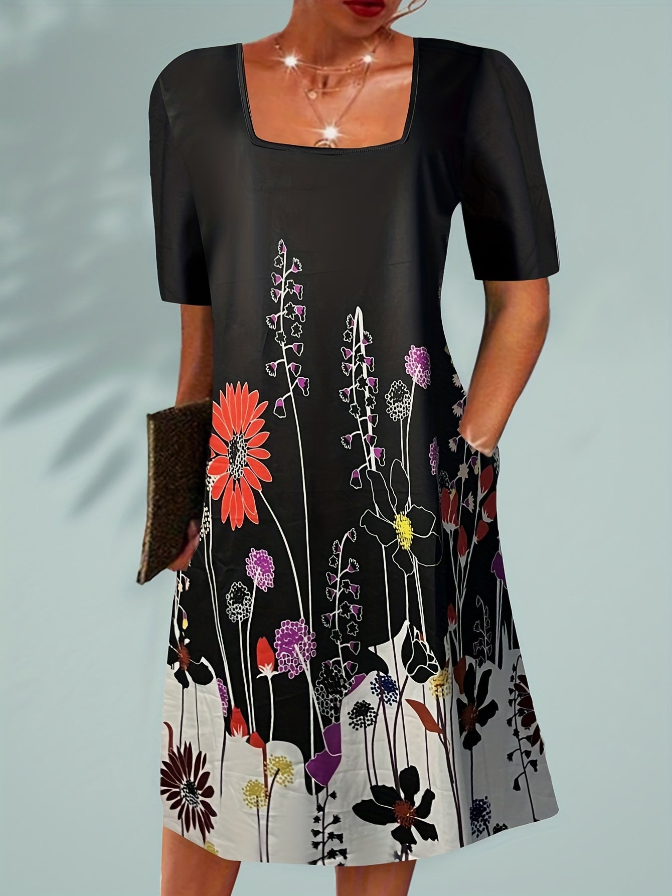 Women's Plus Floral Print Short Sleeve Square Neck Casual Dress