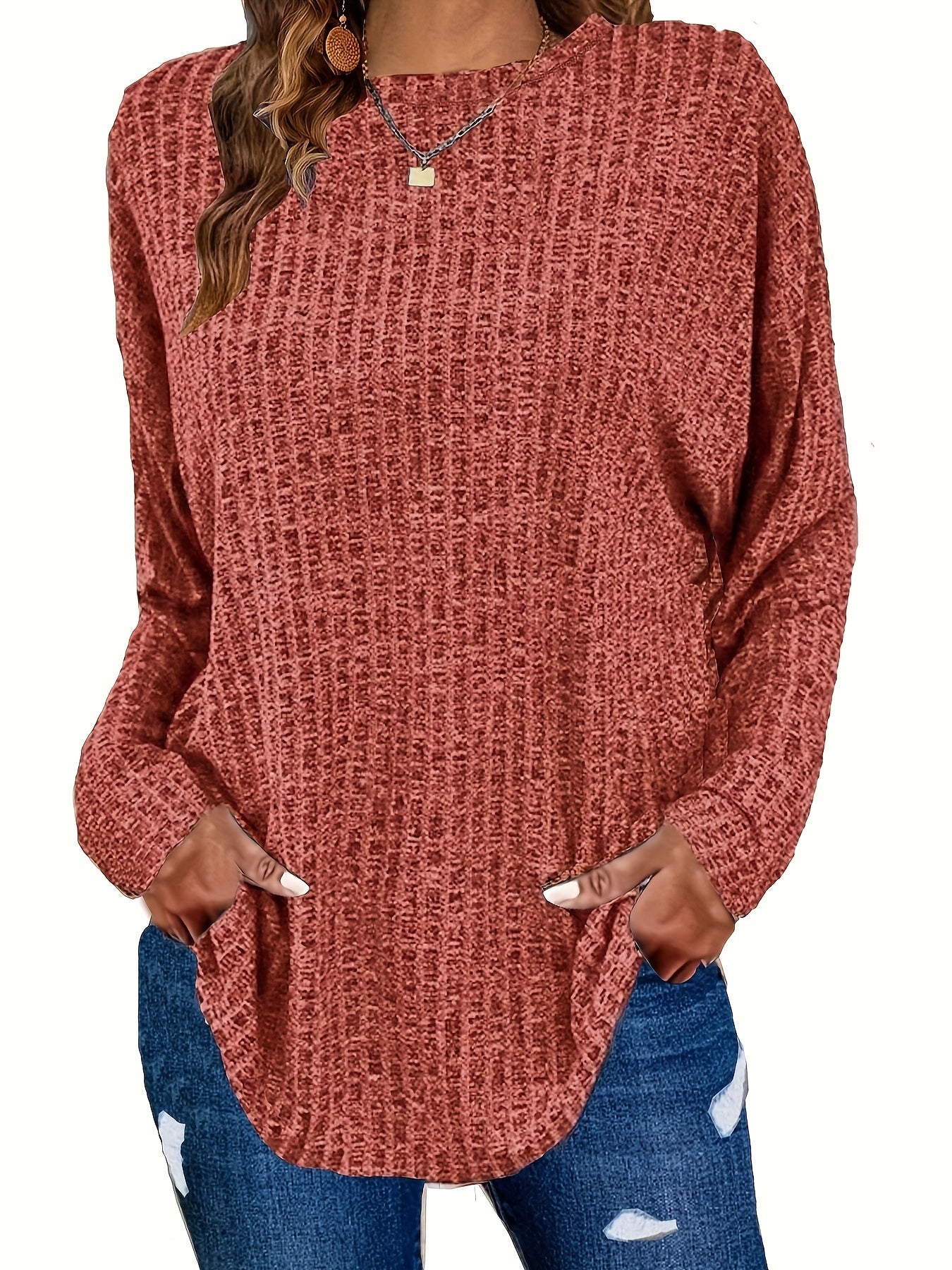 Solid Ribbed Long Sleeve Knit Top
