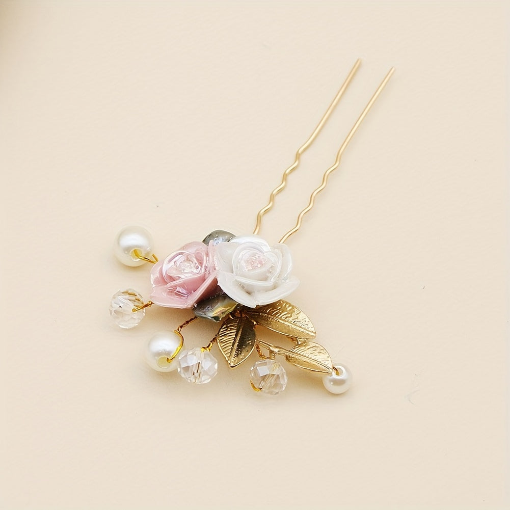 Ceramic Rose Faux Pearl Hairpin Golden Bridal Wedding Party Decor
