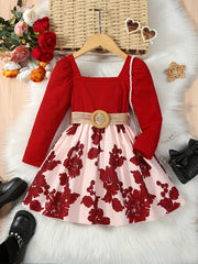 Floral Print Long Sleeve Dress with Belt for Toddler Girls