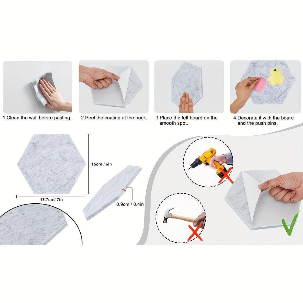 6pcs Hexagon Felt Bulletin Board Self Adhesive Wall Tiles with Push Pins