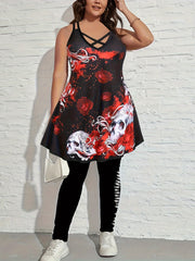 Floral Skull Print Split Strap Criss Cross Back A-line Dress